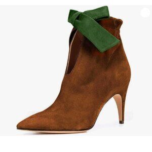 XYD Brown-green Pointed Toe Ankle Booties Mid Heels Graceful Bow Pull-on Boots